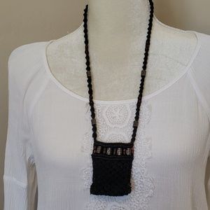 Black hemp boho pouch necklace